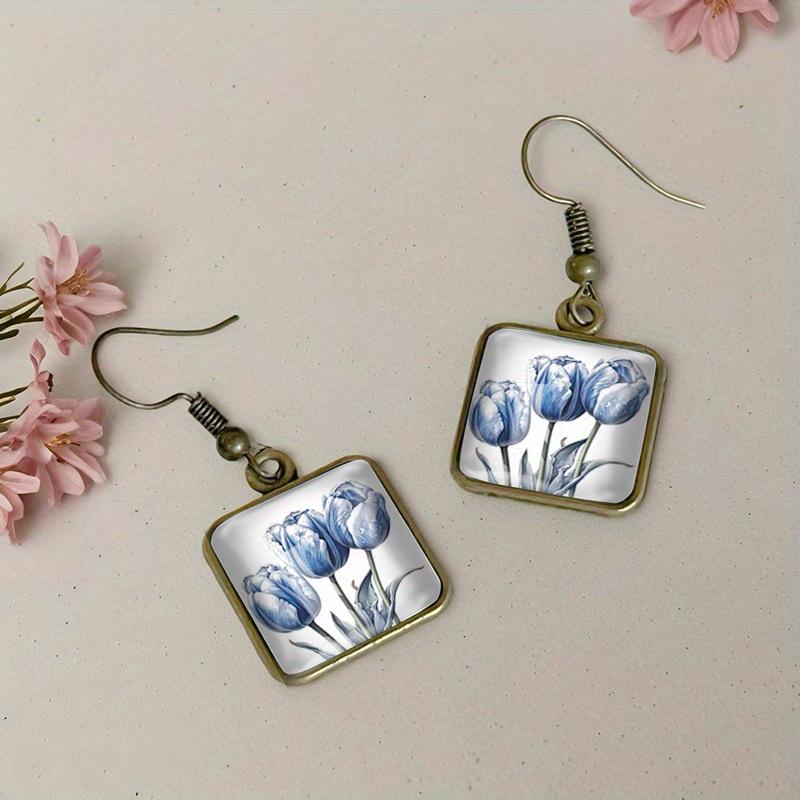 Women's Blue Tulip Square Dangle Earrings, Handmade Gift